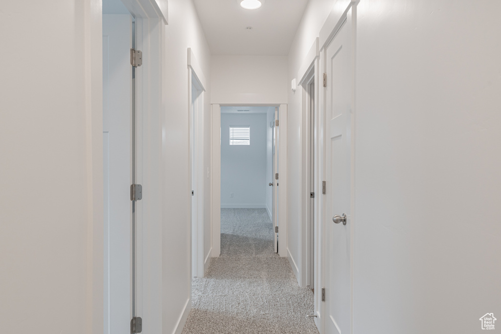 Corridor featuring light colored carpet