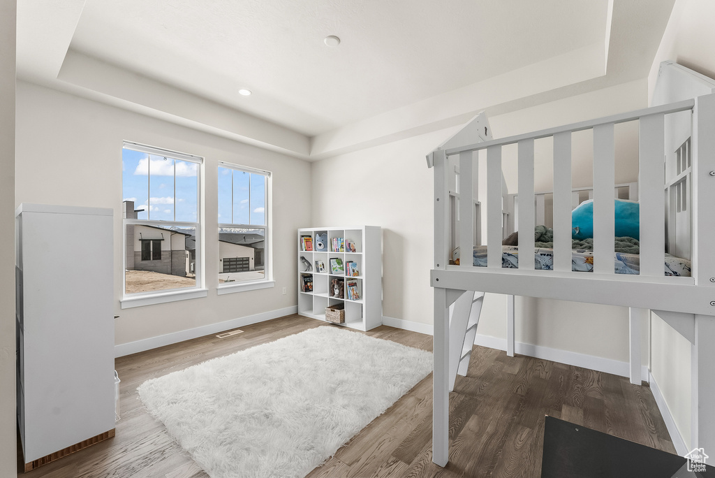 Bedroom with wood-type flooring and a raised ceiling