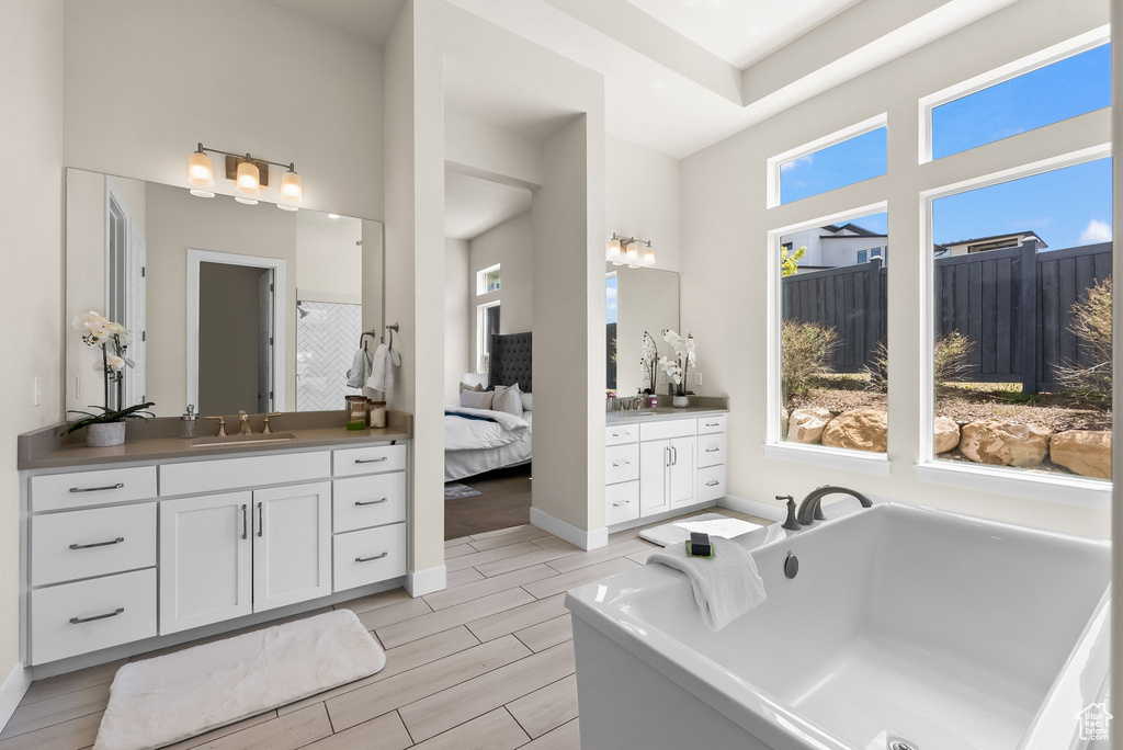 Bathroom with plenty of natural light, a bathing tub, and large vanity