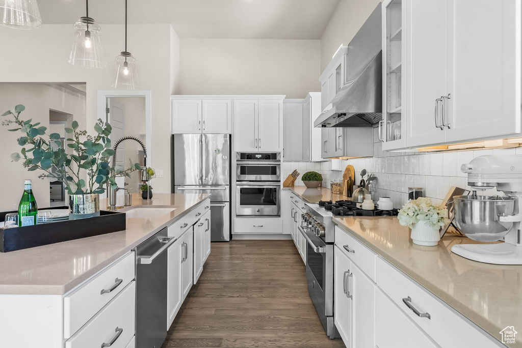 Kitchen with dark hardwood / wood-style flooring, white cabinetry, backsplash, wall chimney range hood, and stainless steel appliances