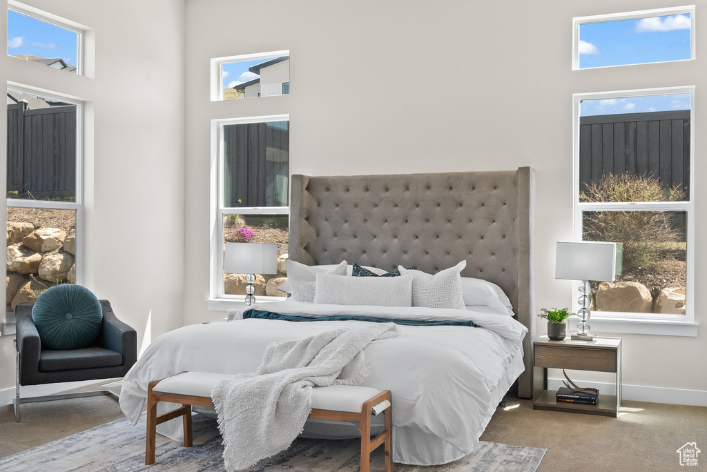 Carpeted bedroom featuring a high ceiling and multiple windows