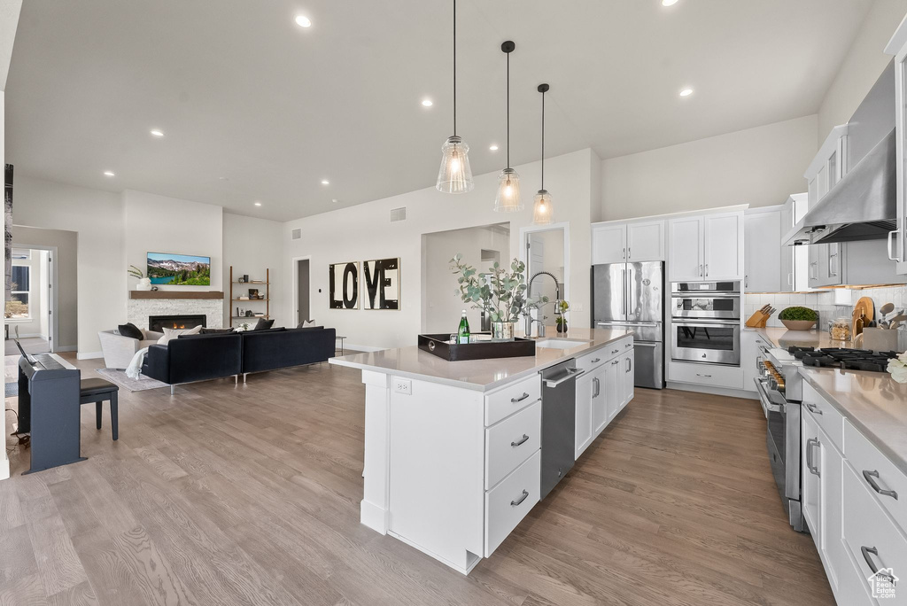 Kitchen with appliances with stainless steel finishes, light hardwood / wood-style floors, an island with sink, white cabinetry, and sink