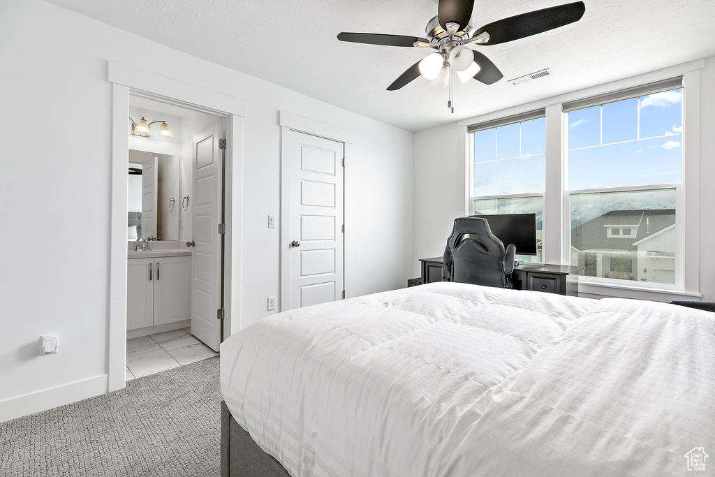 Carpeted bedroom featuring a closet, ceiling fan, sink, and ensuite bathroom