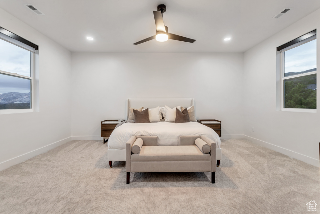 Carpeted bedroom with ceiling fan