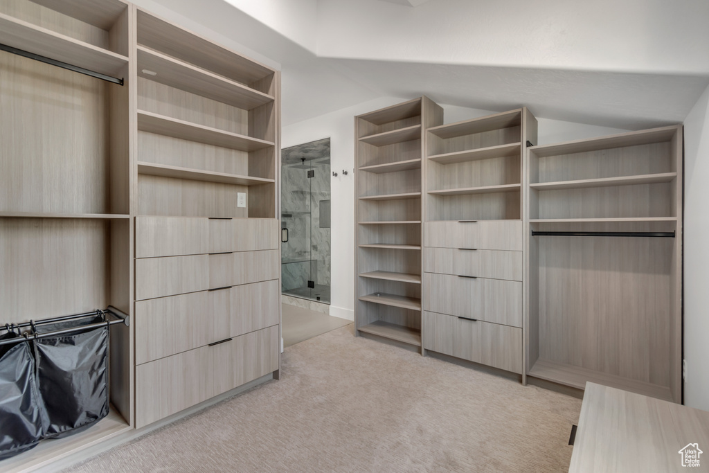 Spacious closet featuring lofted ceiling and light carpet