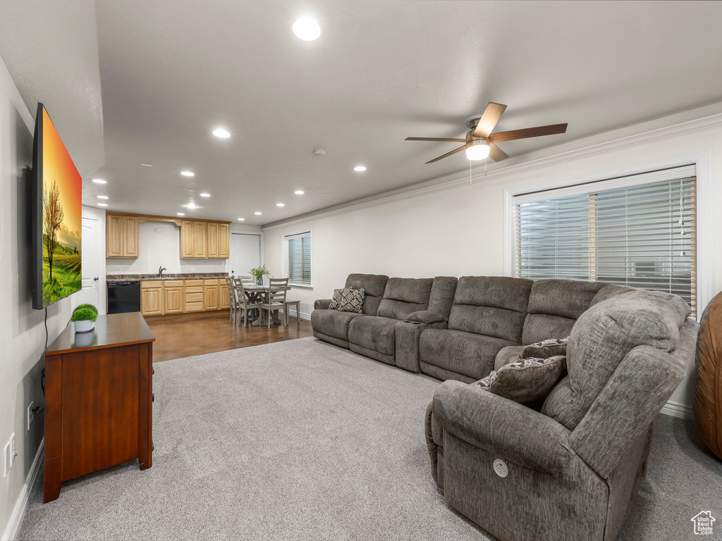 Carpeted living room featuring sink and ceiling fan