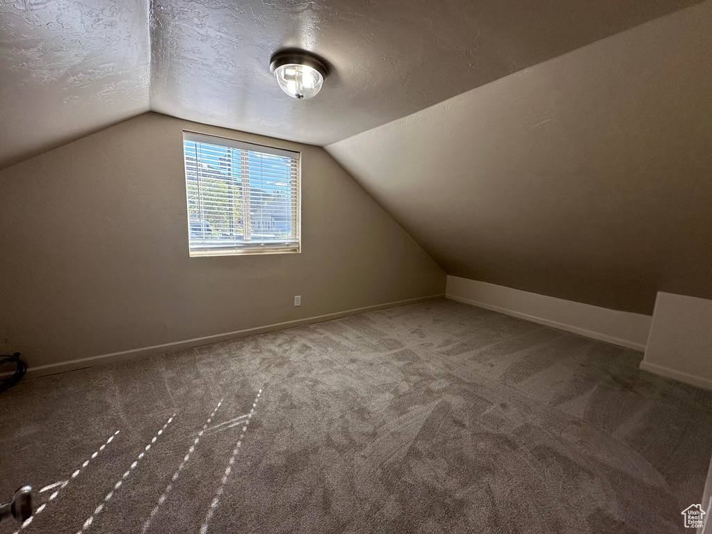 Bonus room with carpet floors, vaulted ceiling, and a textured ceiling