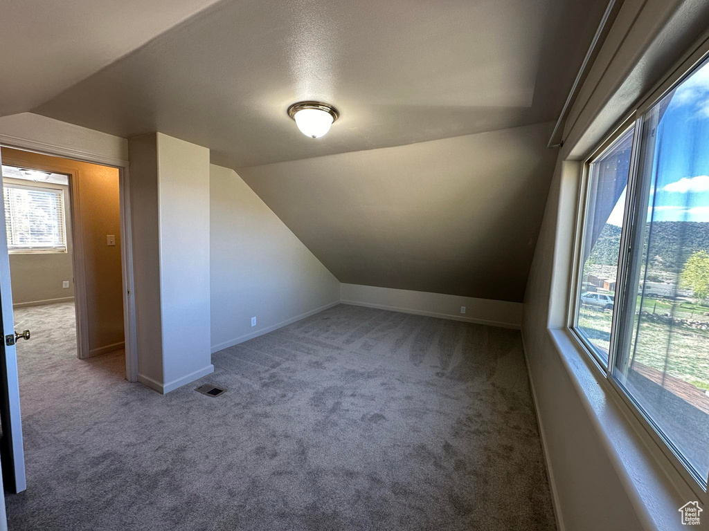 Bonus room featuring carpet flooring, plenty of natural light, and vaulted ceiling
