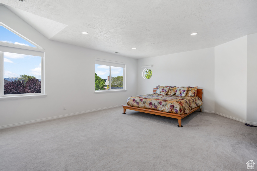 Bedroom featuring a textured ceiling and carpet floors
