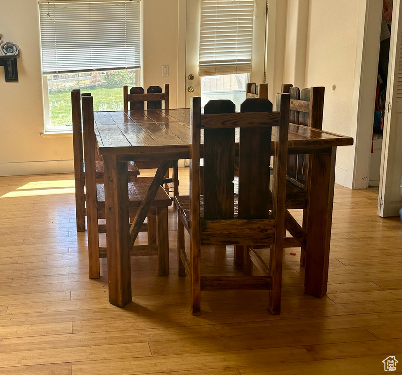 Dining room with light hardwood / wood-style flooring