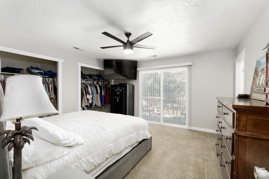 Bedroom with ceiling fan, access to exterior, a textured ceiling, light carpet, and a closet