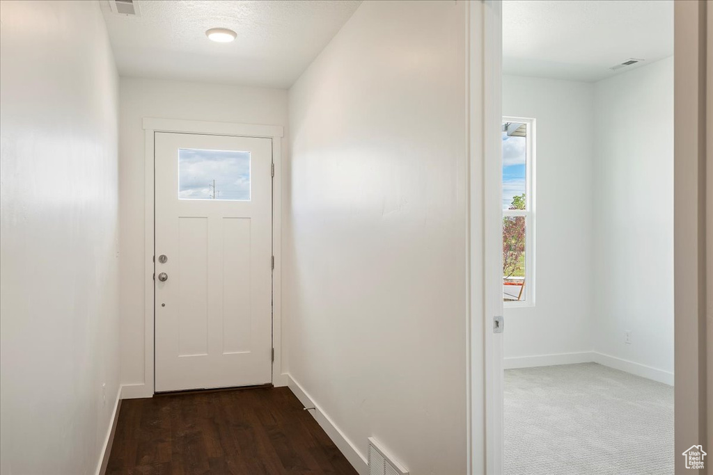 Doorway to outside featuring plenty of natural light and dark colored carpet