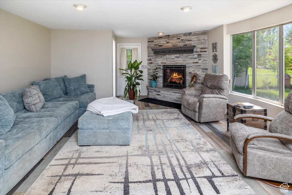 Living room featuring hardwood / wood-style floors, plenty of natural light, and a stone fireplace
