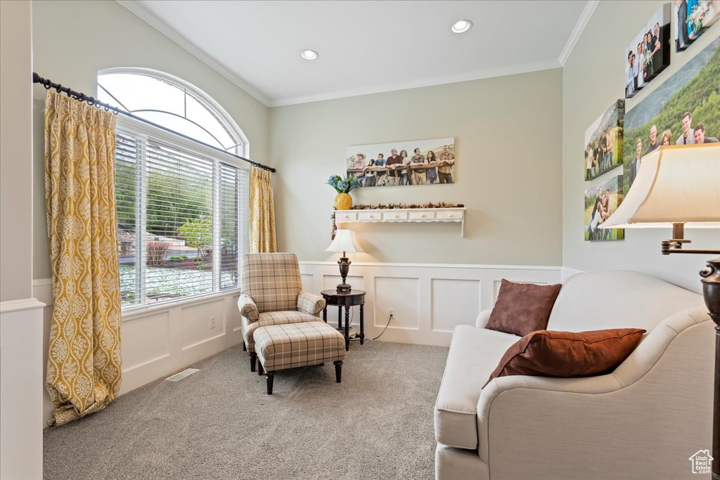 Sitting room featuring carpet and crown molding