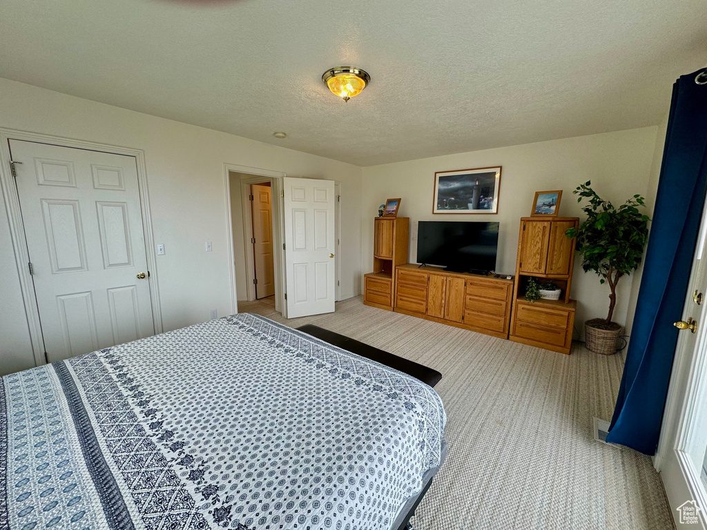 Carpeted bedroom with a textured ceiling