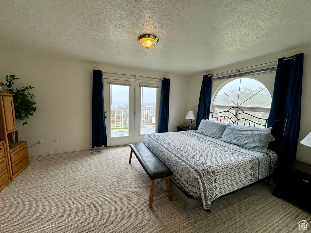 Carpeted bedroom featuring a textured ceiling