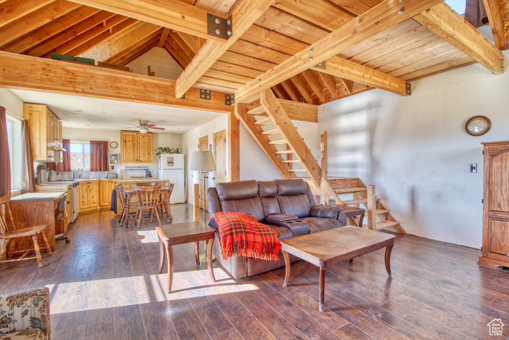 Living room featuring wood ceiling, sink, ceiling fan, and dark wood-type flooring