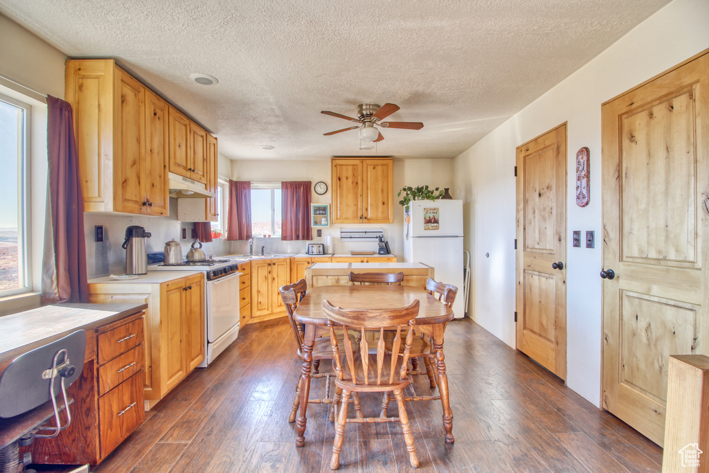 Kitchen featuring dark hardwood / wood-style floors, ceiling fan, white appliances, and a textured ceiling