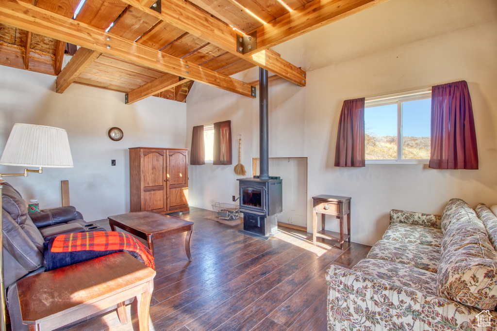 Living room featuring wooden ceiling, hardwood / wood-style floors, a wood stove, and beam ceiling