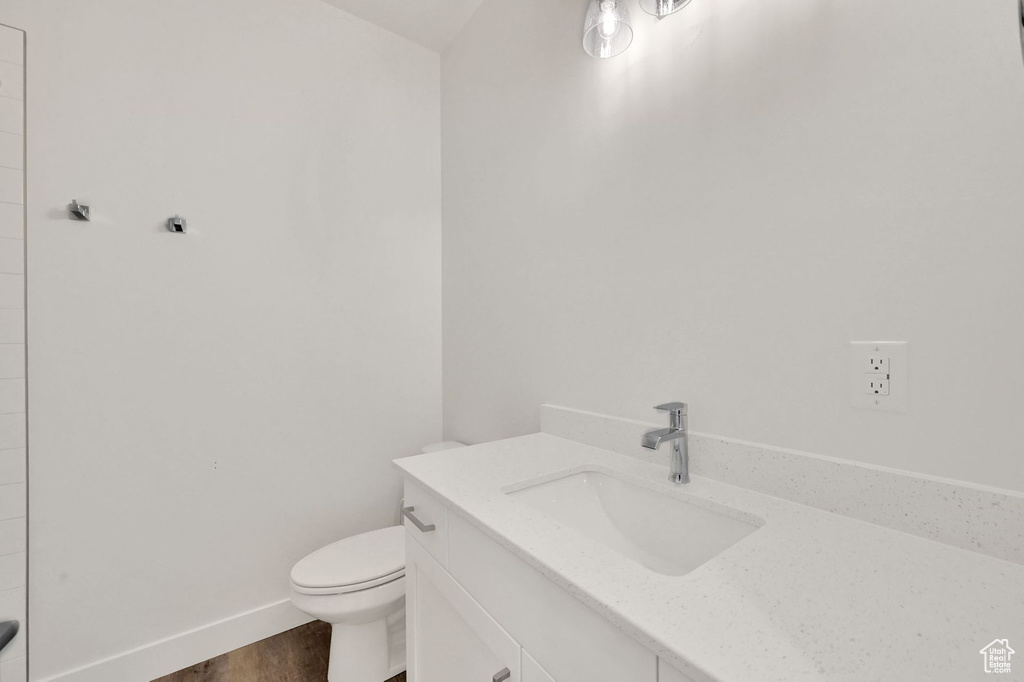 Bathroom with wood-type flooring, toilet, and vanity