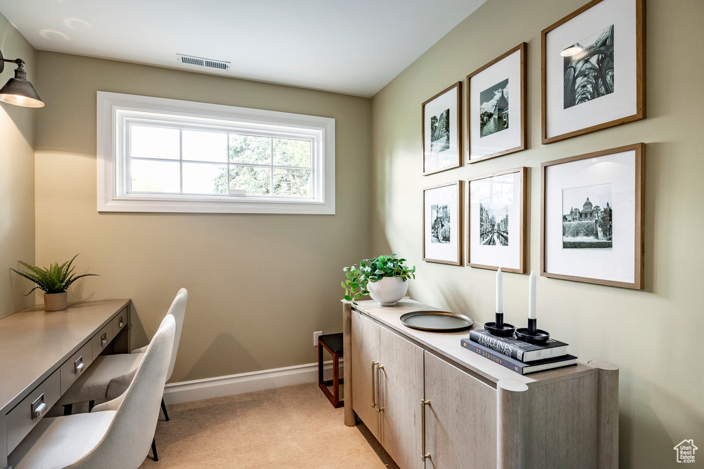 Office area featuring light colored carpet