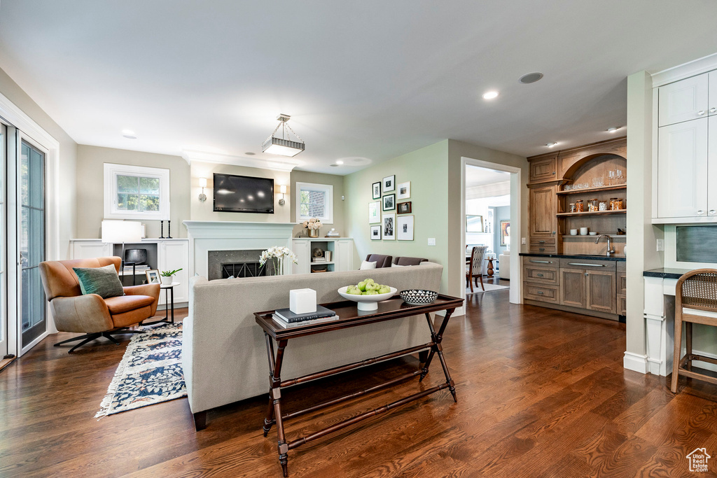 Living room with sink and dark hardwood / wood-style flooring