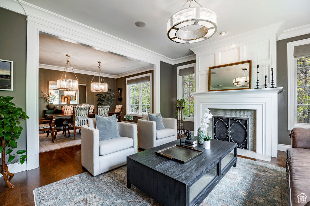 Living room with ornamental molding, dark hardwood / wood-style flooring, and a notable chandelier