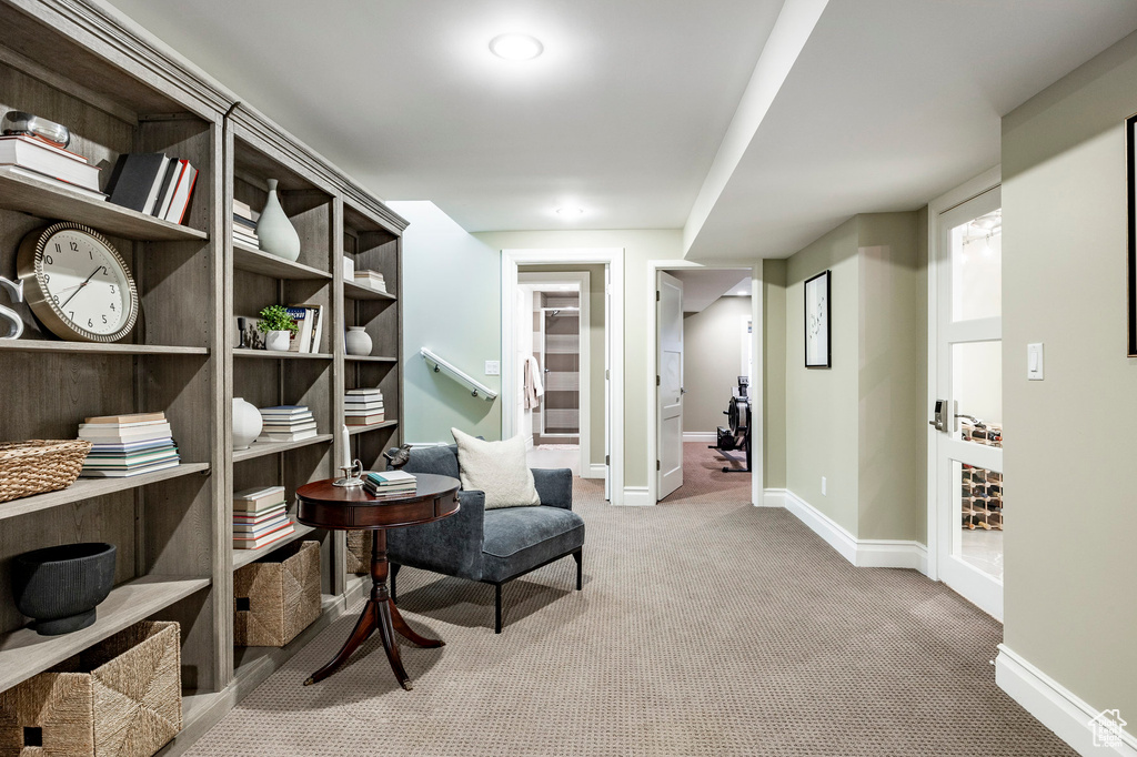 Living area featuring carpet flooring