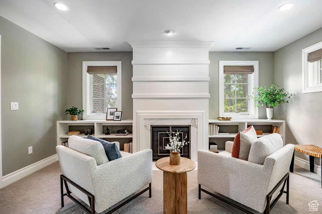 Carpeted living room featuring a fireplace