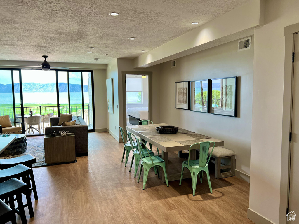 Dining space featuring a mountain view, a textured ceiling, and hardwood / wood-style floors