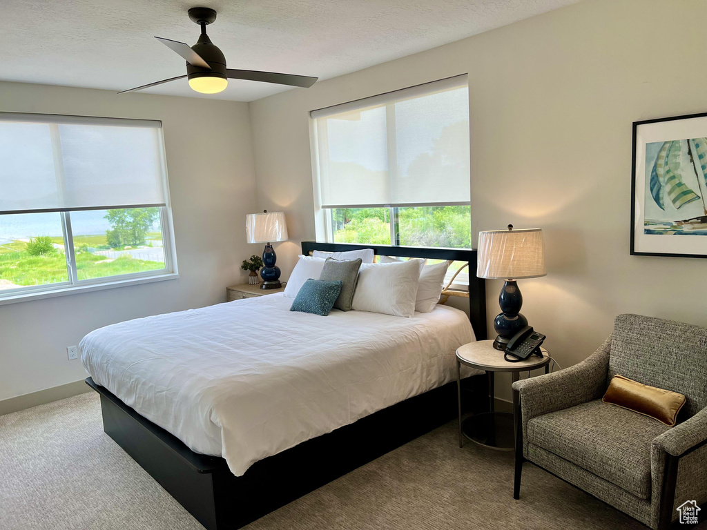 Bedroom featuring ceiling fan and carpet