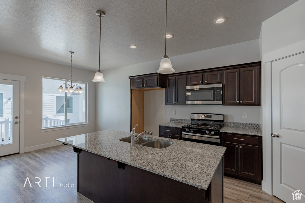 Kitchen featuring pendant lighting, light hardwood / wood-style flooring, stainless steel appliances, a center island with sink, and sink