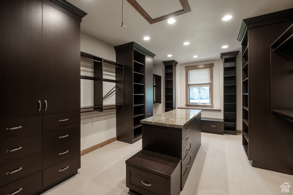 Spacious closet featuring light carpet