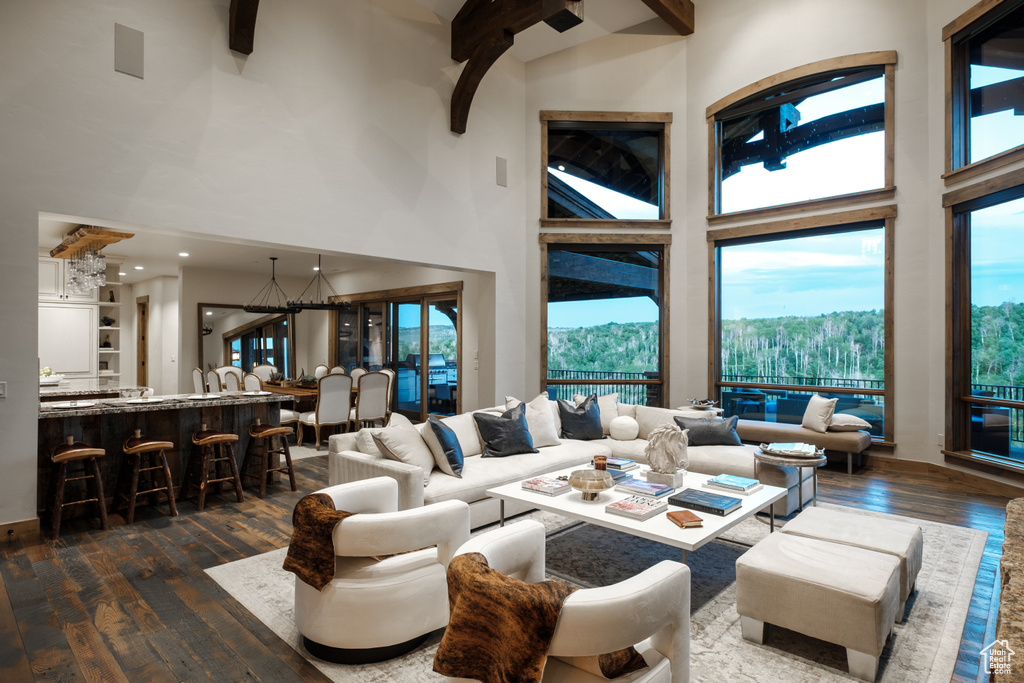 Living room featuring a towering ceiling, hardwood / wood-style flooring, plenty of natural light, and beam ceiling