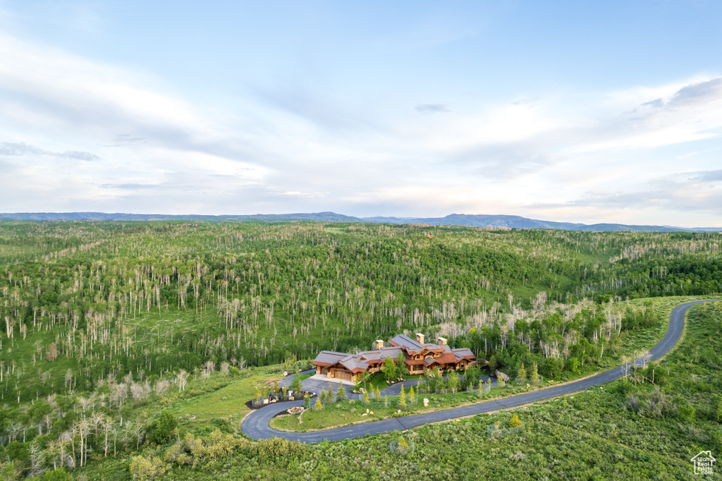 View of subject property featuring a heavily wooded area and a mountainous background