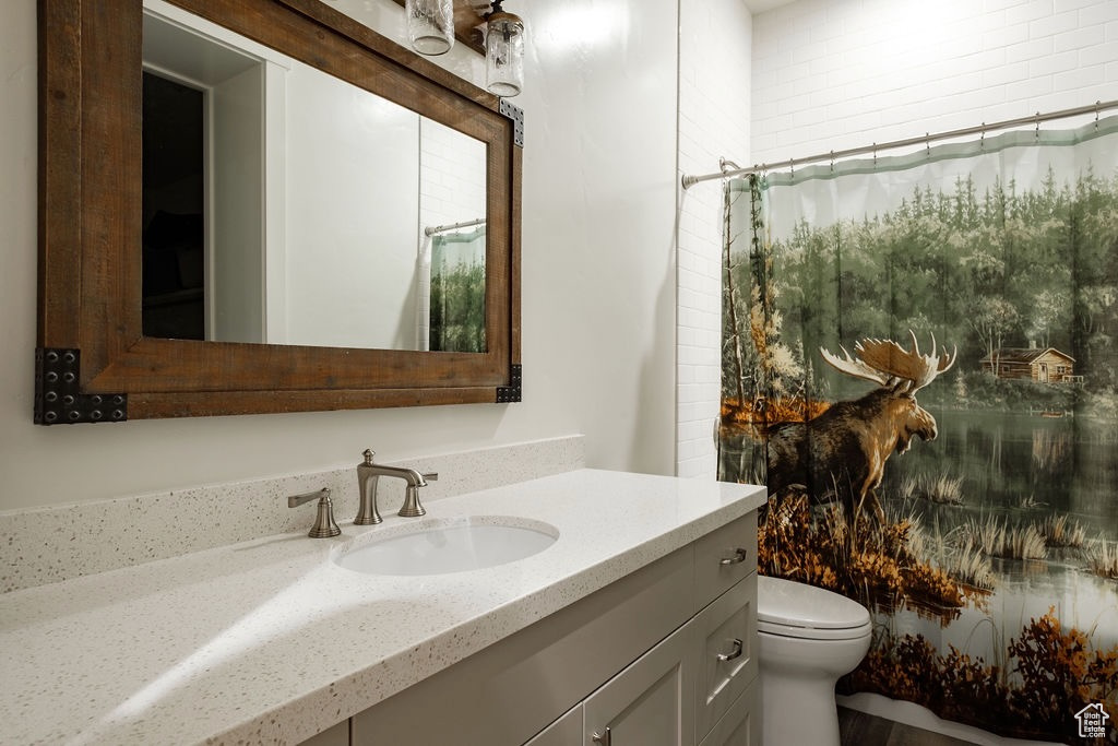 Bathroom featuring toilet and vanity with extensive cabinet space