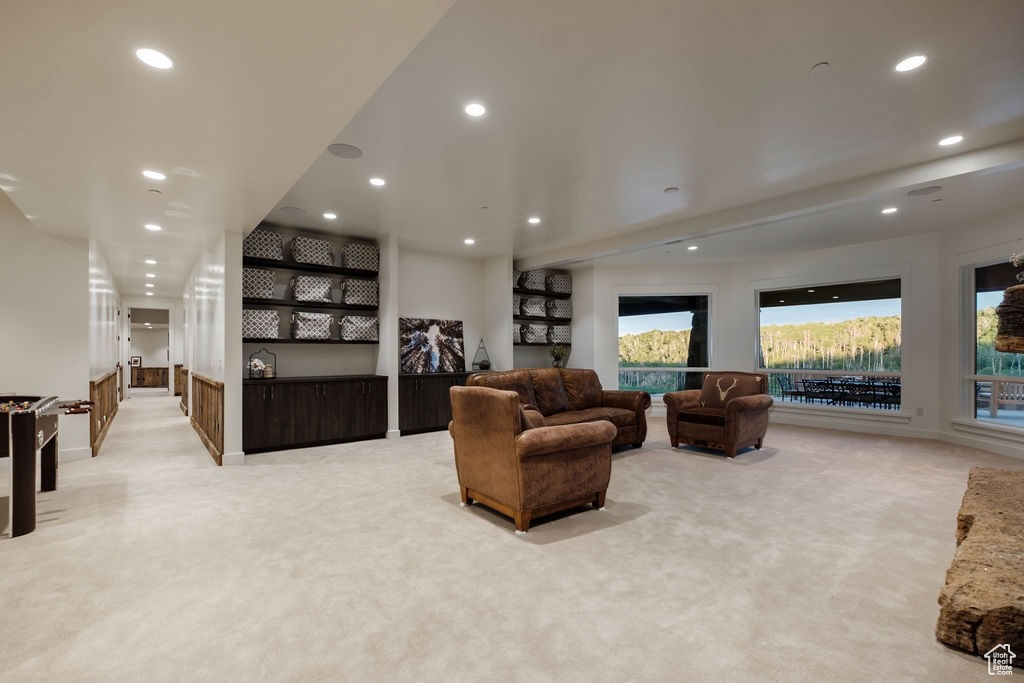 Living room with light colored carpet