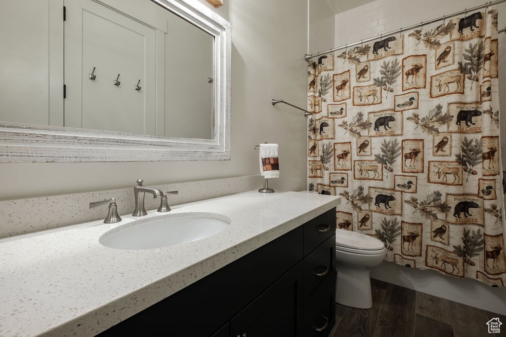 Bathroom featuring wood-type flooring, large vanity, and toilet