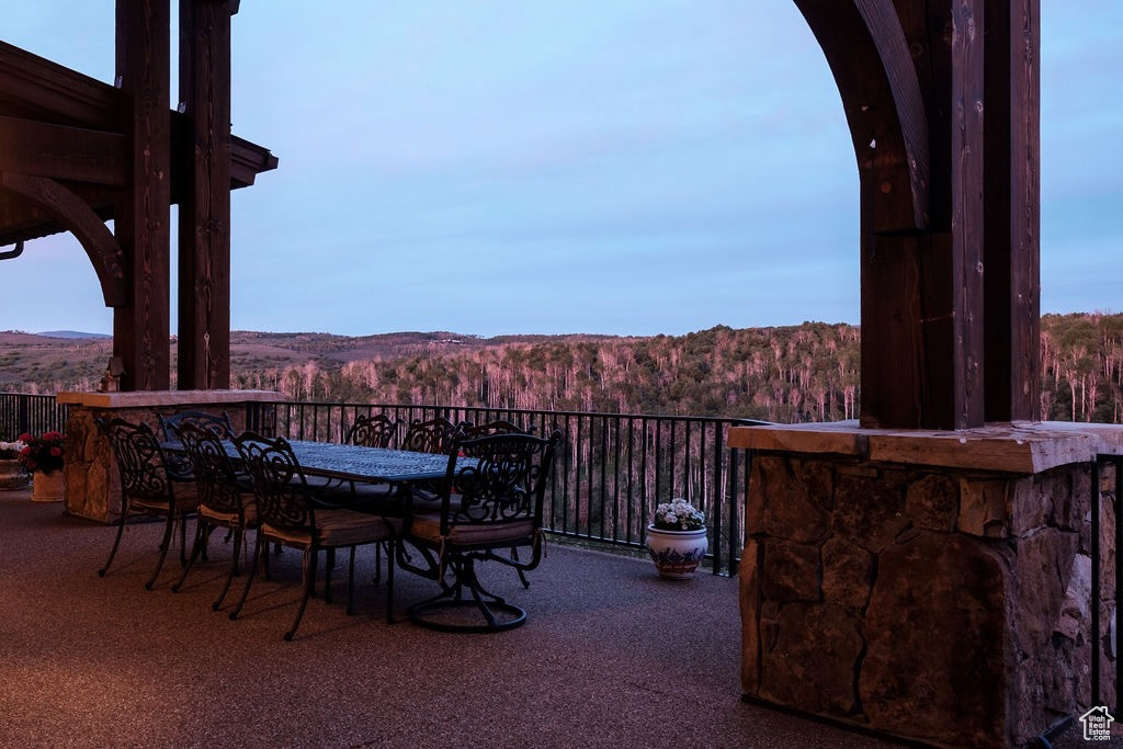 View of patio / terrace featuring a balcony and a mountain view