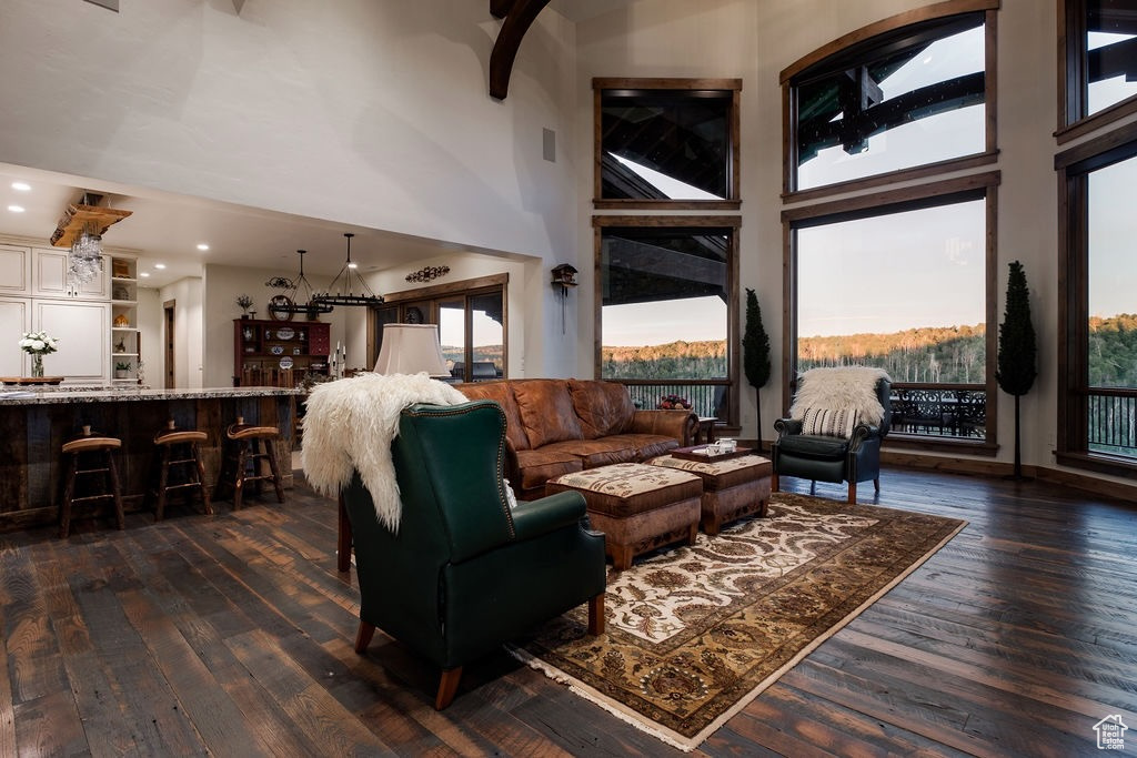 Living room with a towering ceiling and dark wood-type flooring