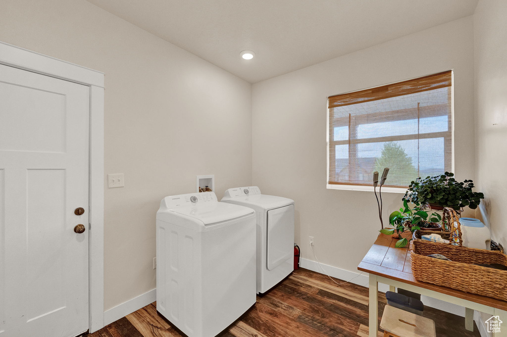 Laundry area featuring independent washer and dryer, dark hardwood / wood-style flooring, and hookup for a washing machine