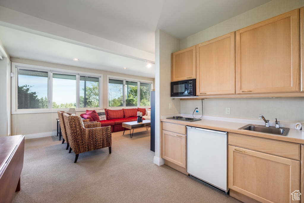 Kitchen with sink, dishwasher, light carpet, and black microwave