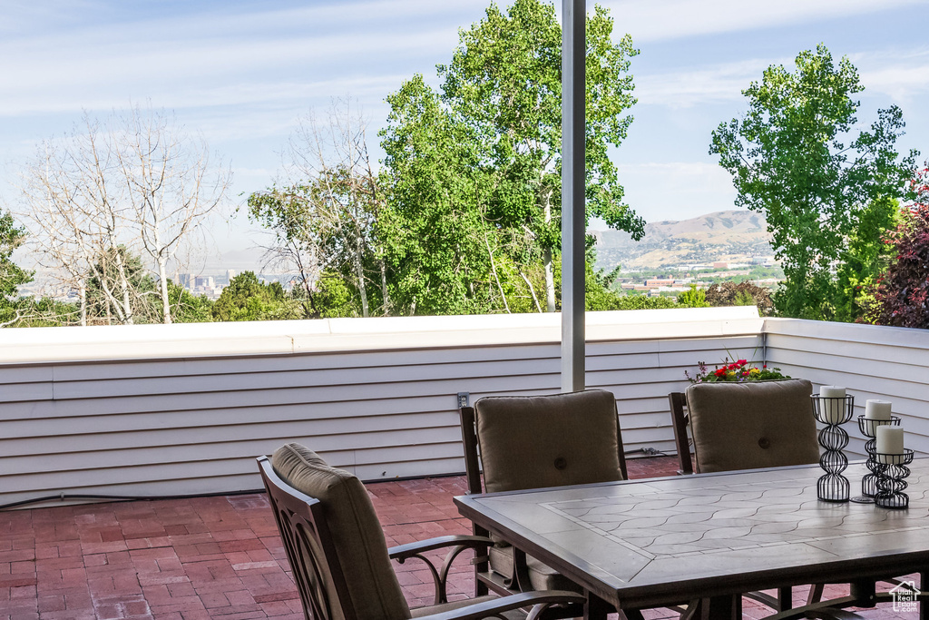 View of patio with a mountain view