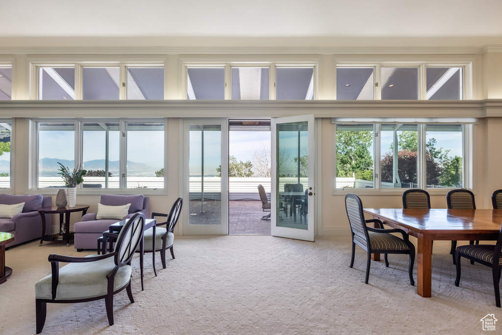 Dining room with plenty of natural light, a mountain view, and carpet flooring