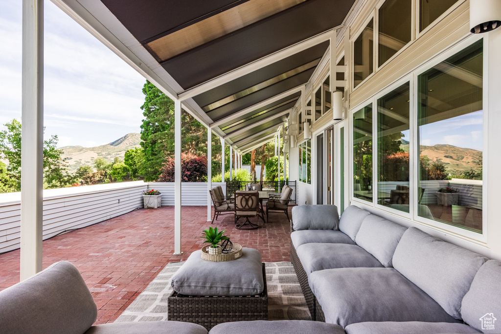 View of patio featuring a mountain view