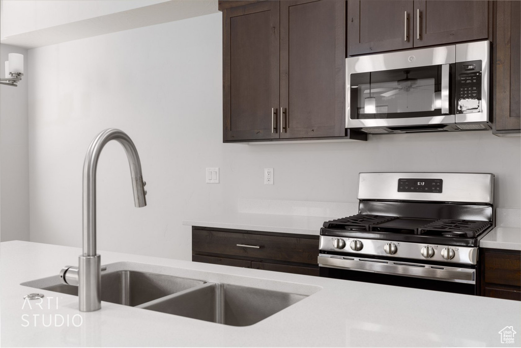 Kitchen featuring appliances with stainless steel finishes, dark brown cabinetry, and sink