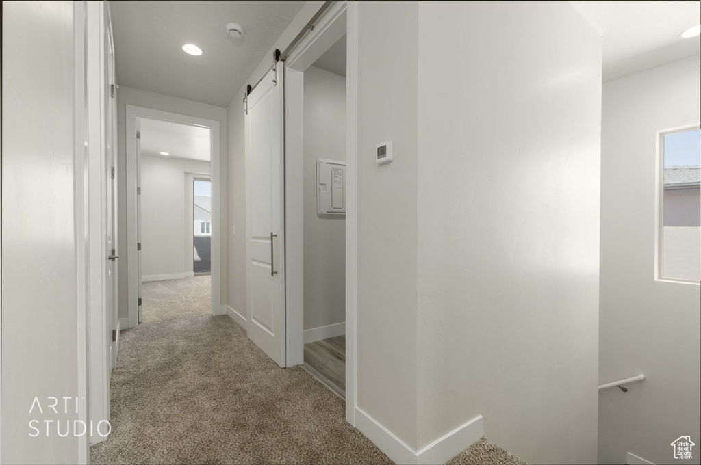 Hallway featuring carpet and a barn door