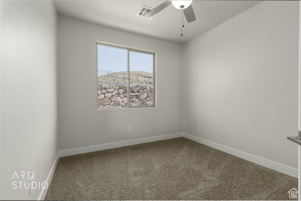 Carpeted spare room with ceiling fan