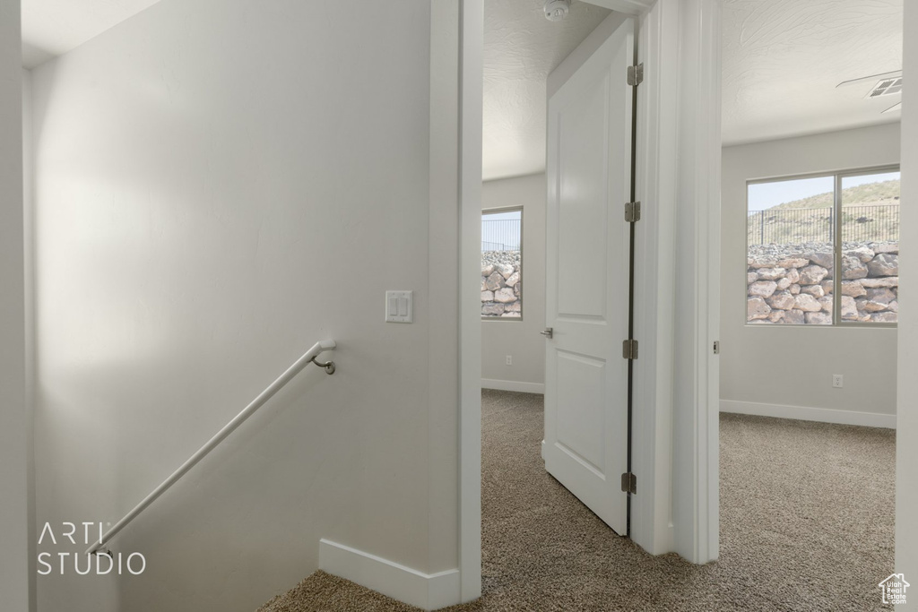 Hallway featuring carpet floors