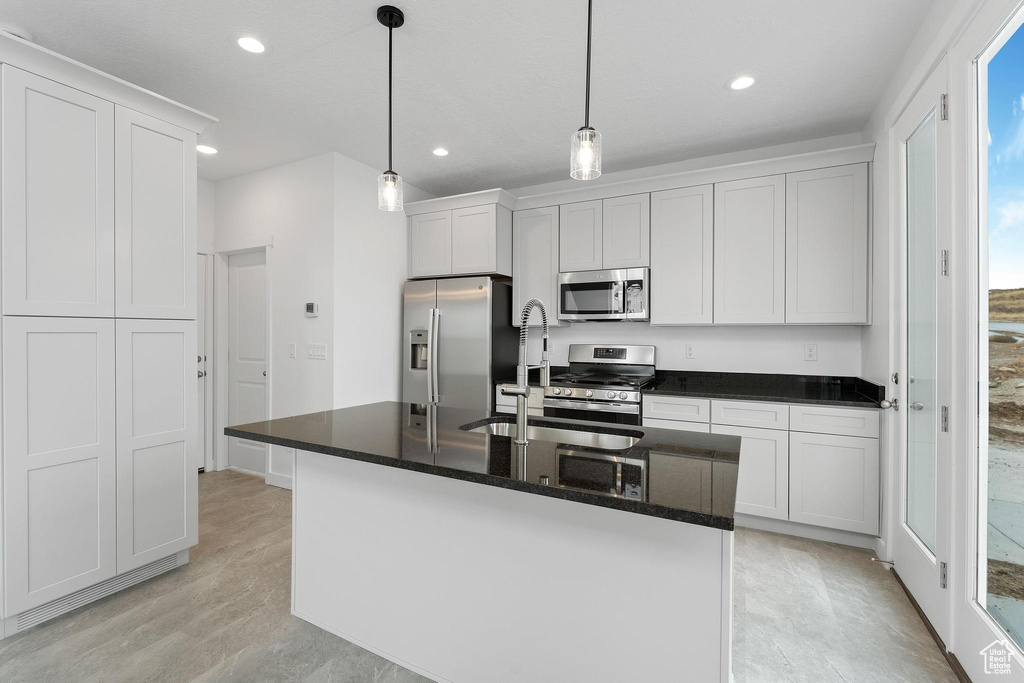 Kitchen with white cabinets, an island with sink, light wood-type flooring, and stainless steel appliances
